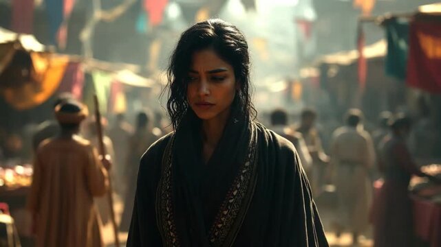 A woman in a busy market scene in realistic style on a sunlit street, concept of solitude amid crowd today