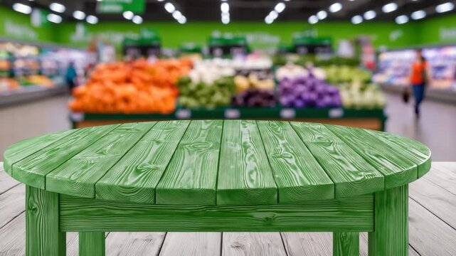 Panning shot of wooden round table in foreground with shifting produce display and shoppers passing in supermarket produce aisle under fluorescent lights