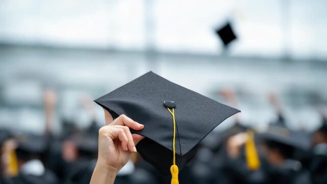 Slow motion tracking shot of graduate tossing mortarboard cap during commencement ceremony in crowded auditorium with raised hands