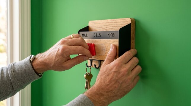 Hand inserting key into wooden mailbox slot on green wall