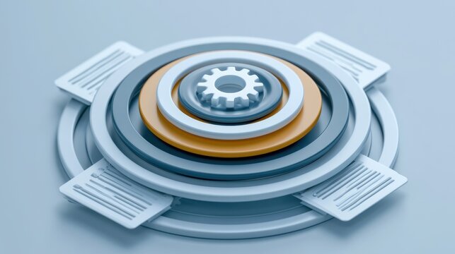 Layered gear assembly with document overlays, cool blue tones, circular dashboard, cog centerpiece surrounded by floating paper sheets, subtle shadows, soft studio lighting, data flow visualization,