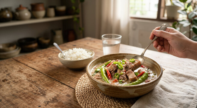 Hand scooping spicy Bicol Express pork stew with a spoon. Traditional Filipino dish with coconut milk and green chilies in a rustic bowl. Authentic Asian cuisine served with rice