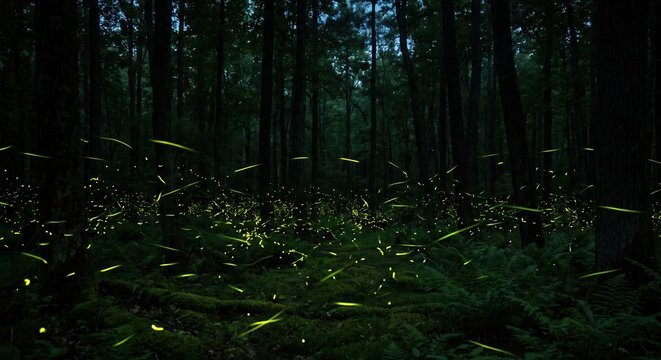 Glowing Fireflies in a Dark Summer Forest