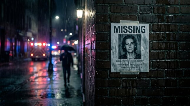 Somber Night in the City Rain-Slicked Street Scene with a Lone Figure and a Prominent Missing Person Poster on a Brick Wall