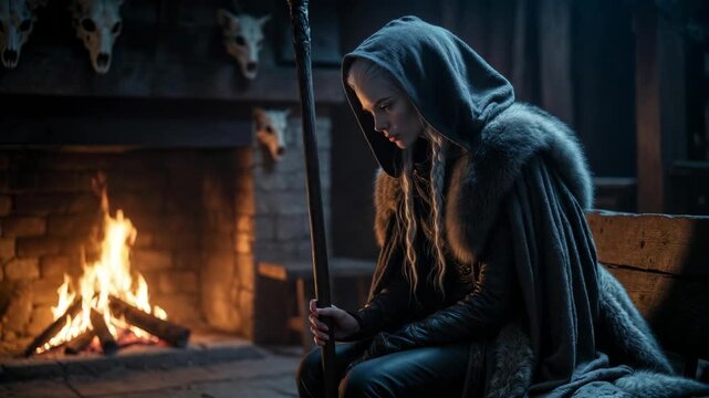 A hooded wanderer in fur clothing sits by a glowing fireplace in realistic style on a dark wooden interior background, concept of solitude