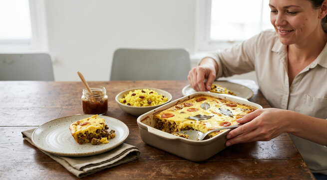 Woman serving traditional South African bobotie from a baking dish. Baked minced meat with yellow rice and chutney
