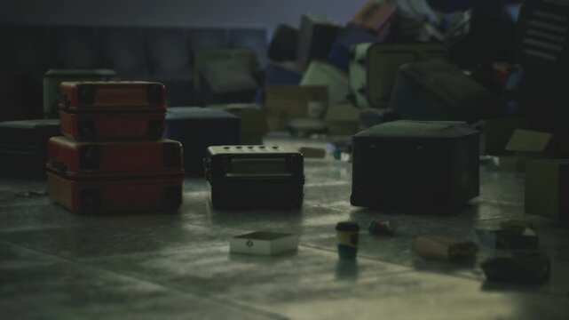 stacked vintage trunks and hardcase suitcases near empty benches, retro aesthetic with muted colors and soft shadows, cinematic composition evokes nostalgia
