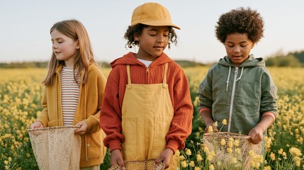 Obraz premium Three Children Harvesting Wheat in a Field