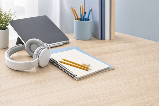 ヘッドホンとタブレットのある学習道具