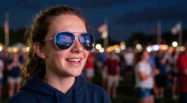 Smiling teenage girl wearing aviator sunglasses reflecting an American flag drone show. Close up portrait of a young woman watching fireworks at night. 4th of July celebration concept