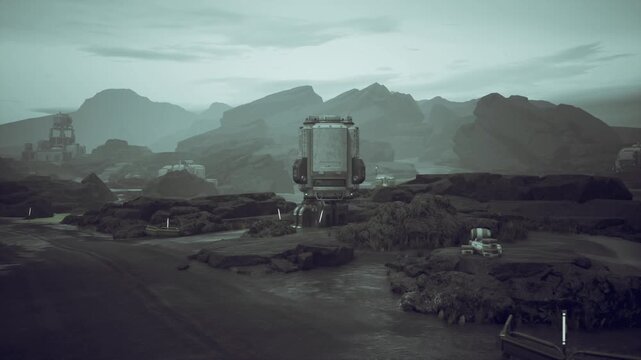 cargo rover approaching planned dropoff near survey beacon carrying scientific payload, rugged suspension pressing over cracked ground, atmospheric haze