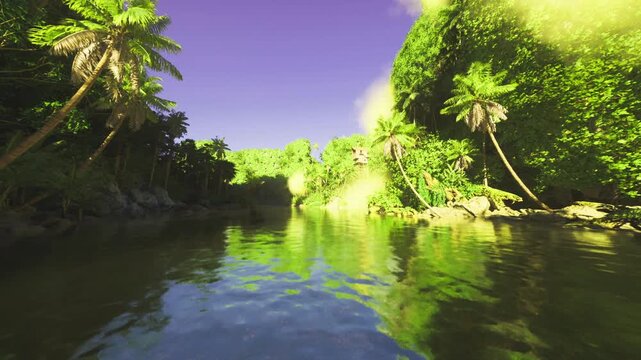 emerald lagoon reflecting purple sky, wide calm pool edged by lush foliage and scattered stones, inviting serene escape perfect for travel poster, resort