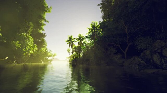 intimate lagoon cove with leaning palm and mirrored water, secluded shallow inlet, warm early light on verdant growth, tranquil retreat mood for travel