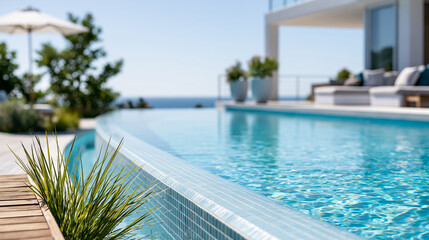 Fototapeta premium Close-up of a contemporary villa pool with ocean views in bright sunny weather, modern architecture concept, ocean view luxury pool photography, upscale property lifestyle,