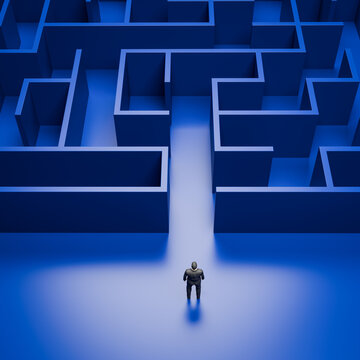 Concept - solving a complex problem in business. Blue maze and floor with a business man standing in front of the entrance.
