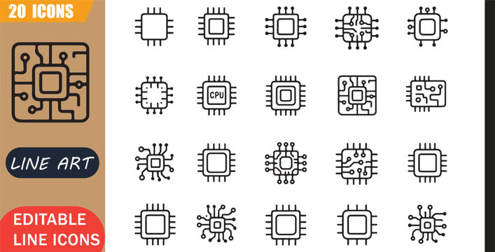 Isolated microchip processor icons set, 20 editable line art icons set, circuit motherboard hardware technology cpu digital electronic system, processor hardware tools, minimal clean outline vector
