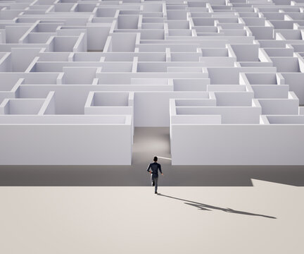 Concept - solving a complex problem in business. Light gray maze and beige floor with a business man running to the entrance. Harsh shadows