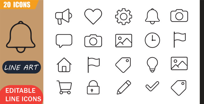 Isolated minimal outline icons set, 20 editable line art icons set, glyph flat solid ui ux vector editable scalable modern, outline vector tools, minimal clean outline vector