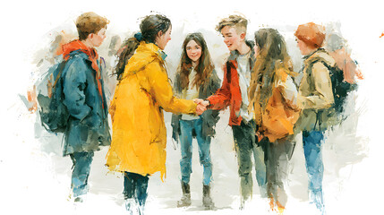 Naklejka premium Orientation for new students, buddy system, friendship, watercolor style on white background