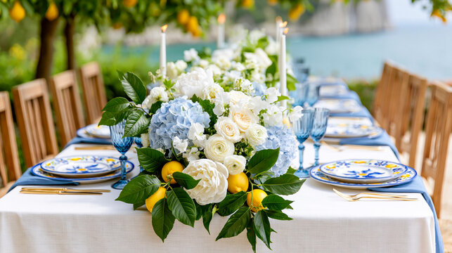 Elegant outdoor dining table in the style of Mediterranean celebration setup, decorated with blue hydrangeas, lemons and candles overlooking the sea