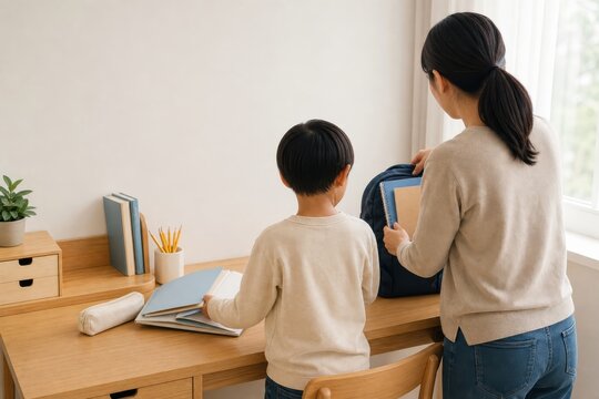 親子で通学バッグを準備する学習机