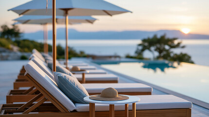 Fototapeta premium Close-up of lounge chairs and parasols on a villa terrace beside an infinity pool at sunset with sea view, luxury terrace concept, sunset pool terrace photography, Mediterranean
