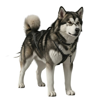 Majestic Alaskan Malamute or Husky with distinctive grey and white fur, standing confidently in a black harness, ready for adventure