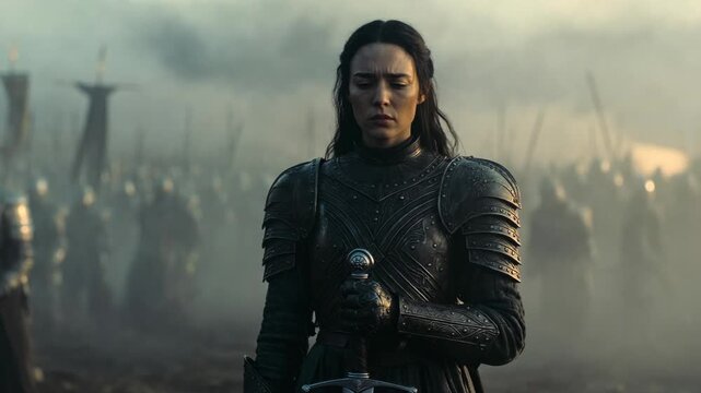 Armored woman warrior holding sword, realistic style, on foggy battlefield background, concept of courage and determination