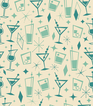 Martini cocktail seamless pattern. Hand drawn red alcoholic beverage, minimal style bar drink decoration, doodle trendy vector decor textile, wrapping paper wallpaper, print or fabric
