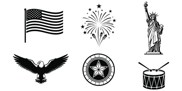 American patriotic symbols set with flag eagle Statue of Liberty fireworks and drum vector silhouette for national celebration.