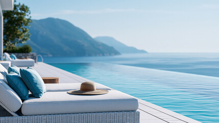 Fototapeta premium Close-up of an infinity pool with white lounge chairs and mountain and ocean landscape, luxury resort destination concept, infinity pool panoramic photography, perfect vacation