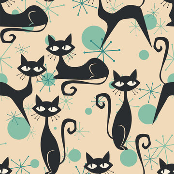 Mid century atomic cats with squares and atomic starbursts seamless pattern on beije background. For fabric, home decor and wallpaper