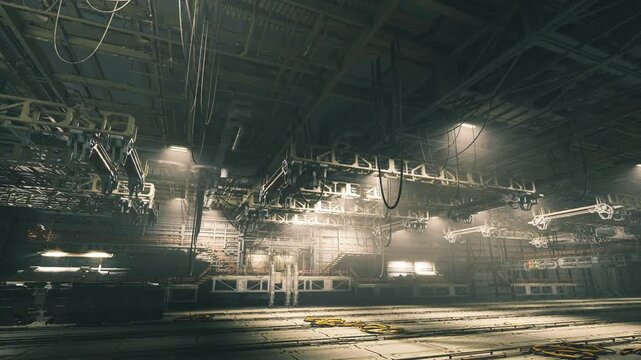Sunlit derelict warehouse flooded with warm rays through high windows, dust particles drifting, scaffolding and broken machinery, panoramic perspective, hopeful