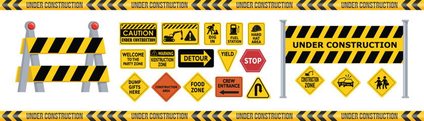 Construction Site Safety Signage and Warning Element Vector Set © Gfx_Parvej