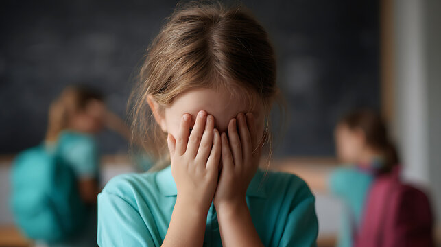Young child in a t-shirt covers face with hands, expressing upset, shy or fearful emotions, with blurry background elements implying a school or peer setting