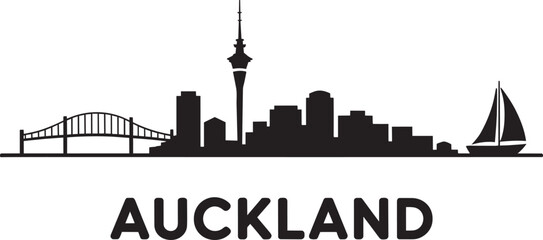 Auckland New Zealand city skyline silhouette featuring sky tower harbour bridge buildings skyscraper © pyenga