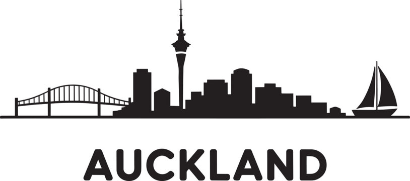 Auckland New Zealand city skyline silhouette featuring sky tower harbour bridge buildings skyscraper