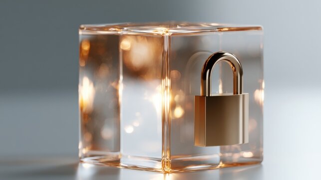Padlock frozen inside translucent ice cube, warm bokeh lights and reflective surface create minimalist cybersecurity metaphor studiolit composition evokes calm, controlled protection and data