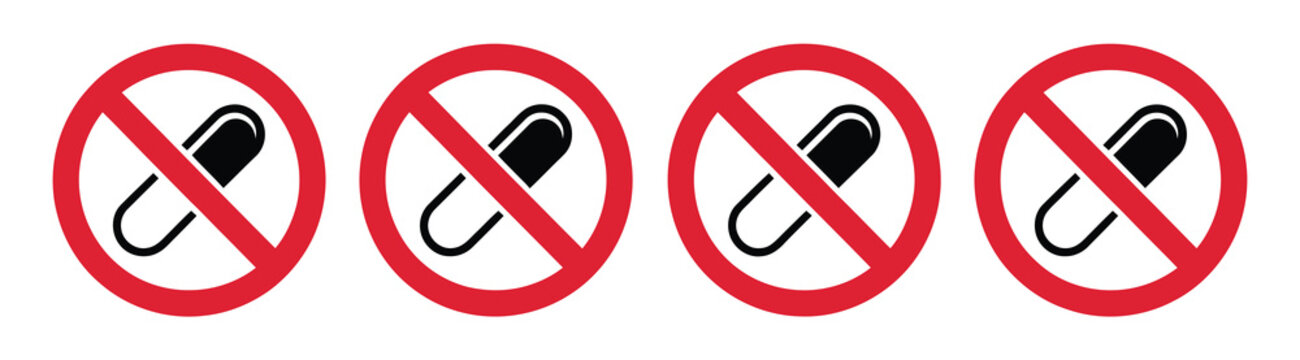 No drug and no pill icons showing prohibition symbols for medication restriction, safety warning, and public health control vector illustration use.