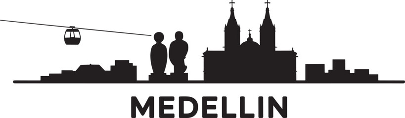 Medellin Colombia cityscape metrocable cable car figures cathedral modern buildings landmarks travel © pyenga