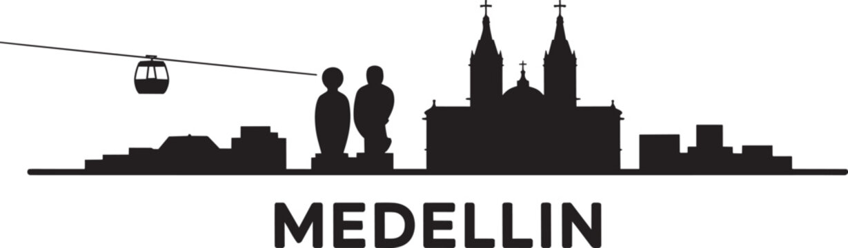 Medellin Colombia cityscape metrocable cable car figures cathedral modern buildings landmarks travel