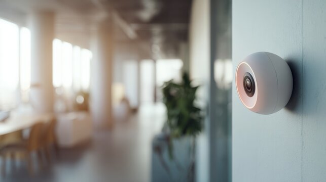 Small round sensor on wall overlooking blurred office interior for smart building security and monitoring, compact white detector mounted near glass with soft bokeh of open workspace, conveys IoT