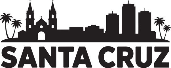 Obraz premium Santa cruz cityscape skyline buildings churches palm trees flat design black silhouette with text