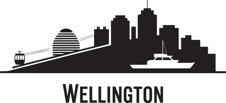 Wellington cityscape skyline with cable car beehive building and boat flat minimal black with new