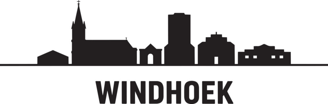 Windhoek Namibia city skyline silhouette featuring famous landmarks and text in solid black on white