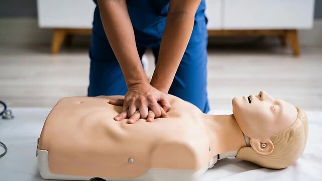 Positioning hands, woman in blue scrubs performing chest compressions on manikin in clinic for CPR