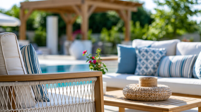 Close-up of elegant seating under a wooden pergola beside a pool on a chic patio, outdoor living concept, pergola and pool lifestyle photography, luxury patio design, defocused