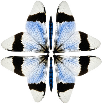 Four detached, iridescent cerulean-blue dragonfly wings with intricate black venation and pterostigma, arranged symmetrically on a transparent background, highlighting natural structure and