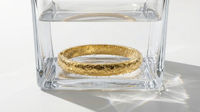 Elegant gold bracelet submerged inside a clear glass with soft reflections and luxury lighting, creating a premium jewelry advertisement concept.