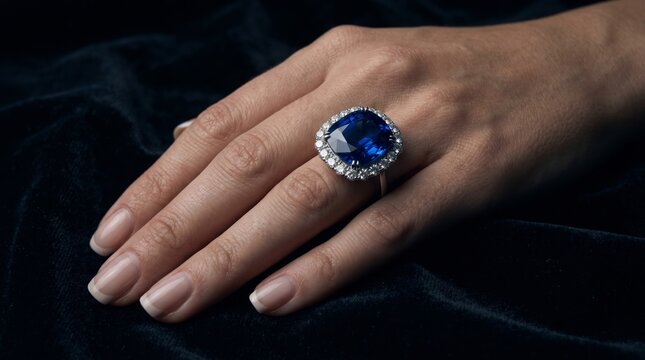Elegant closeup of female hand wearing a large blue sapphire gemstone ring on dark velvet background, highlighting luxury fashion and premium jewelry design.